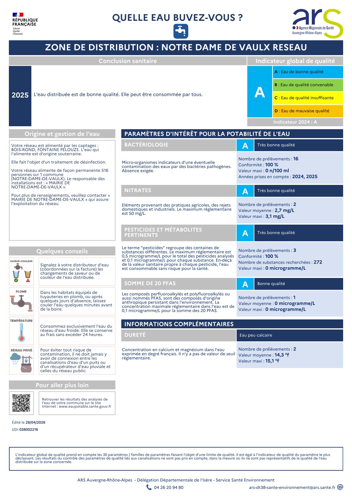 Fiche d’information aux consommateurs sur la qualité de l’eau distribuée pour l’année 2025 sur la commune de Notre Dame de Vaulx