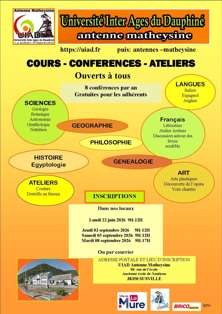Affiche 2026 de l'Université Inter Âges du Dauphiné antenne Matheysine présentant les cours et ateliers ouverts à tous