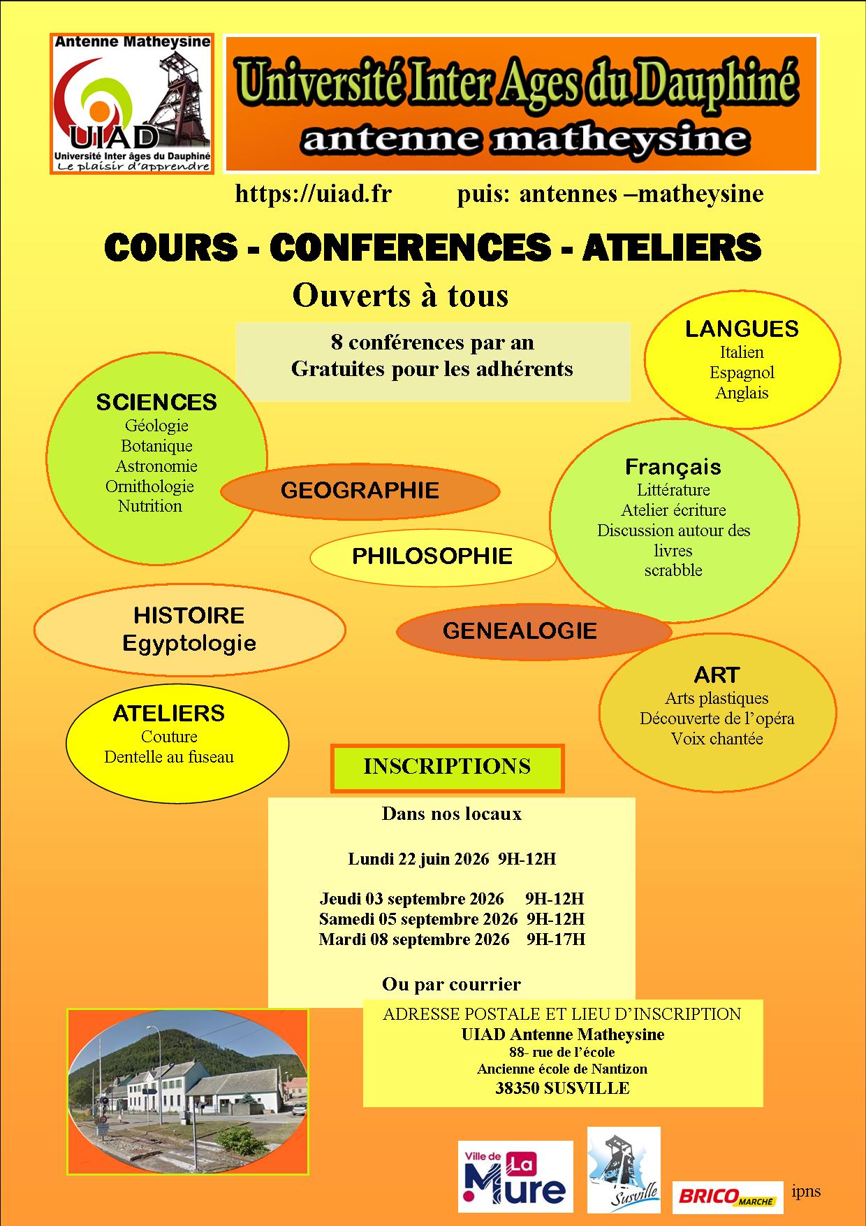 Affiche 2026 de l'Université Inter Âges du Dauphiné antenne Matheysine présentant les cours et ateliers ouverts à tous