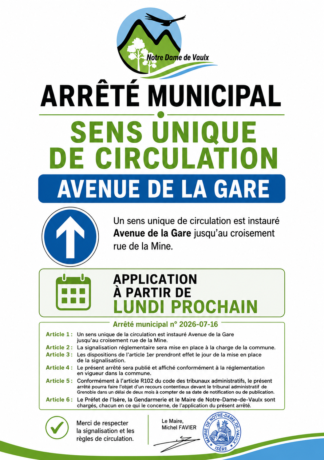 Affiche annonçant la mise en place d'un sens unique de circulation avenue de la Gare à Notre-Dame-de-Vaulx à partir du lundi 3 août 2026.