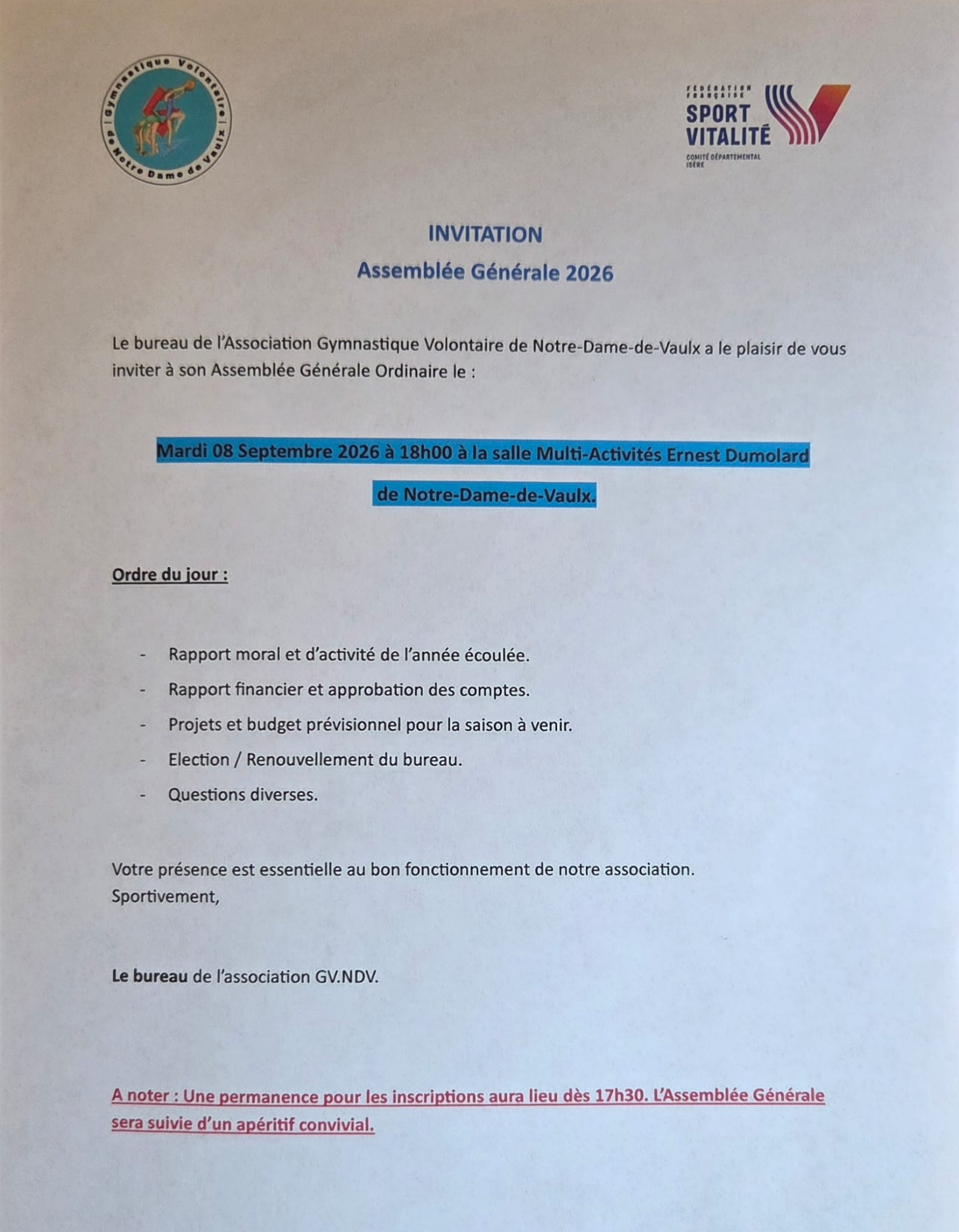 Assemblée Générale 2026 Gymnastique Volontaire Notre-Dame-de-Vaulx