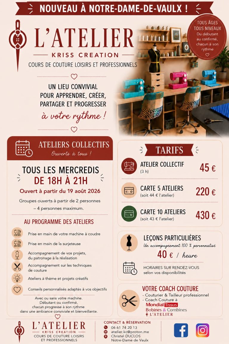 Cours de couture à Notre-Dame-de-Vaulx avec L’Atelier Kriss Creation