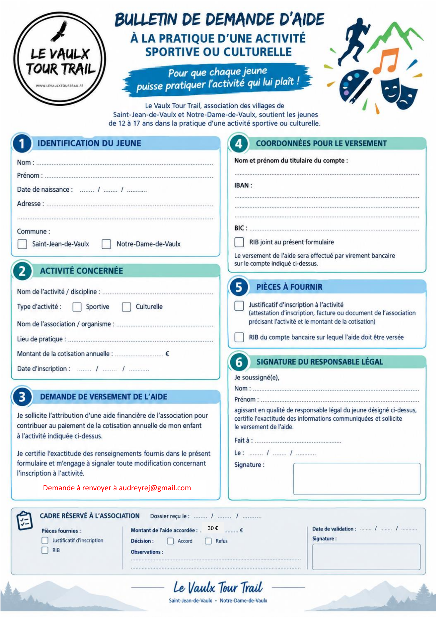 Bulletin de demande d’aide de 30 € du Vaulx Tour Trail