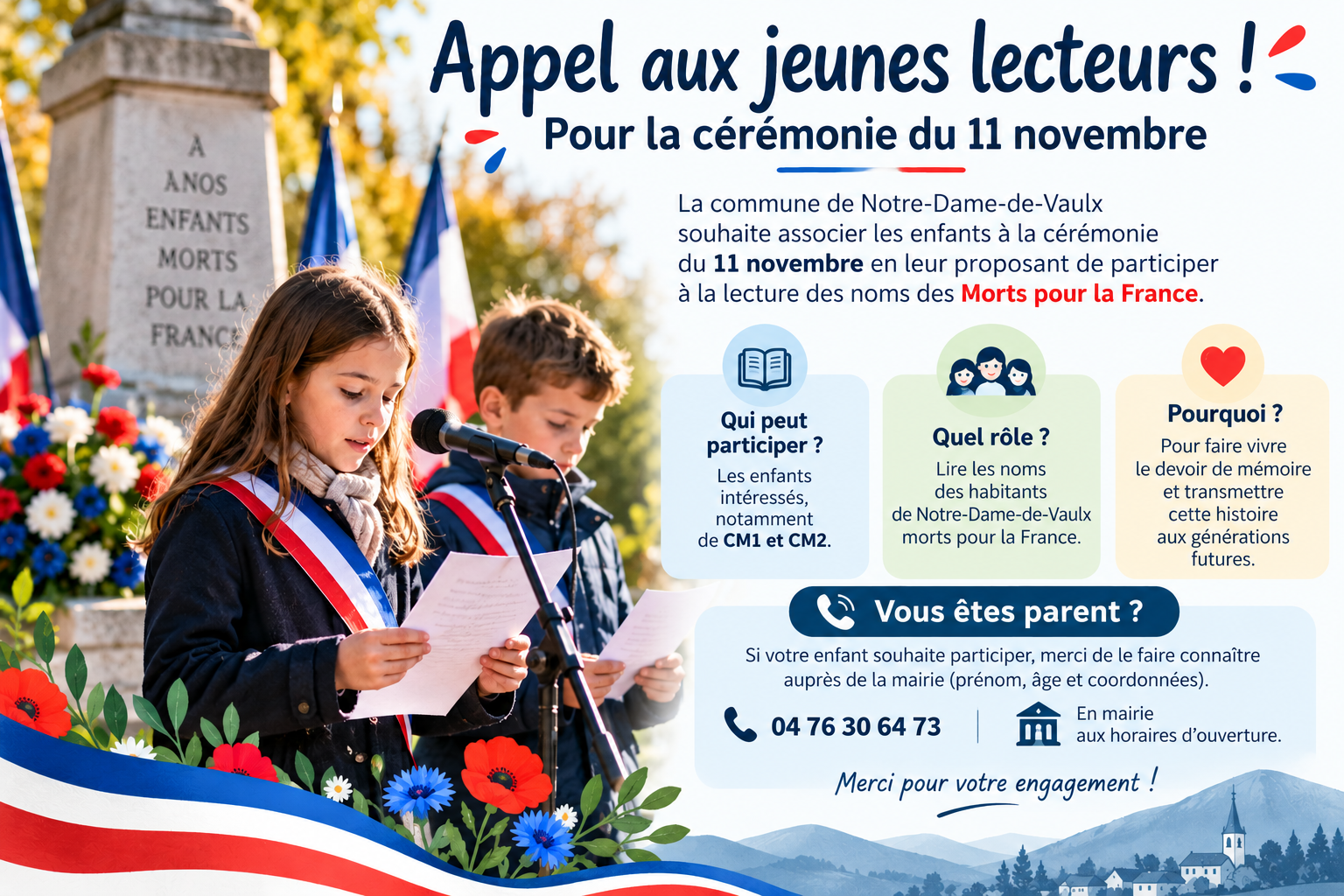 Affiche invitant les enfants de Notre-Dame-de-Vaulx à participer à la cérémonie du 11 novembre en lisant les noms des Morts pour la France.