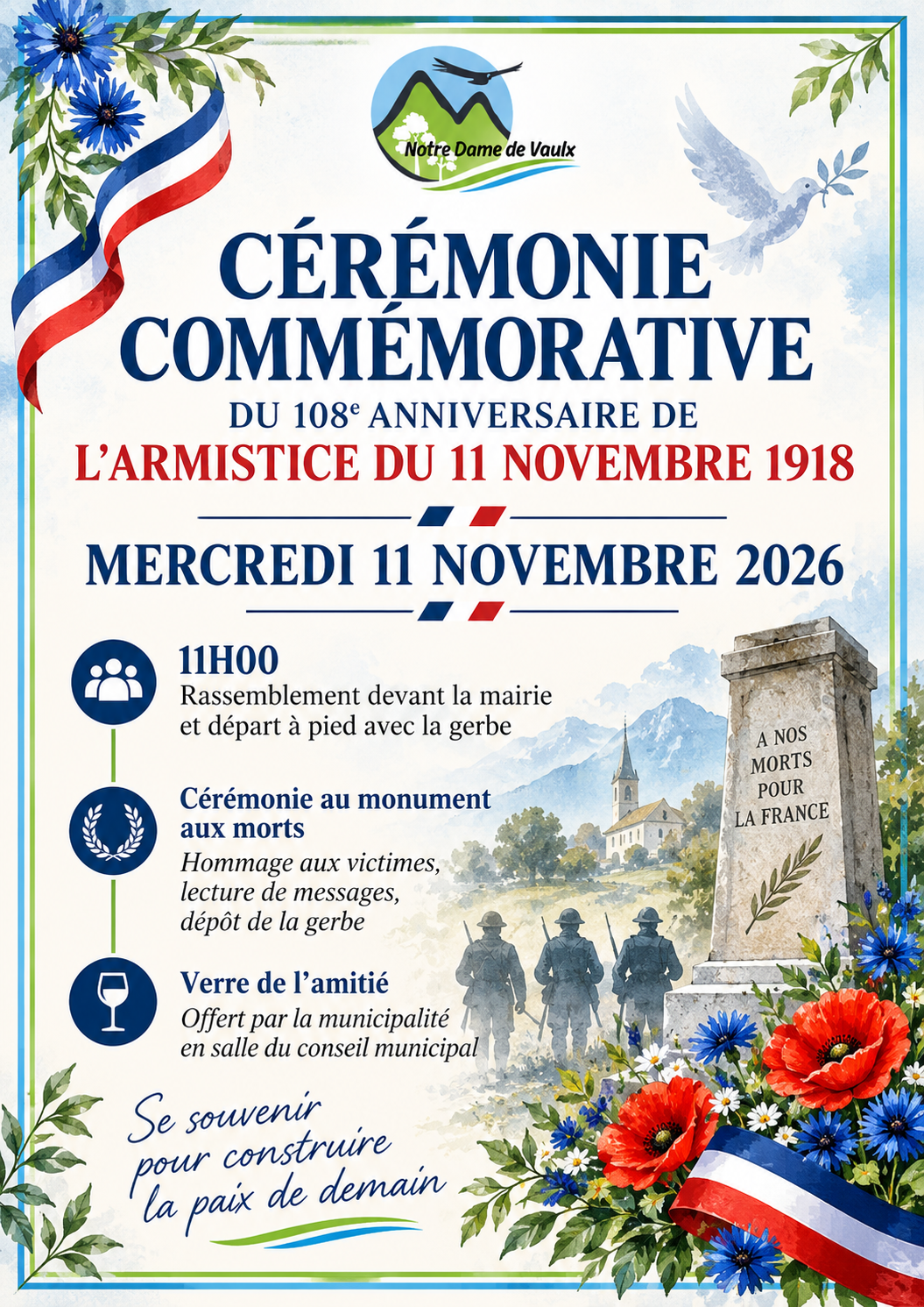 Cérémonie commémorative du 11 novembre 2026 à Notre-Dame-de-Vaulx, rassemblement à 11h devant la mairie.