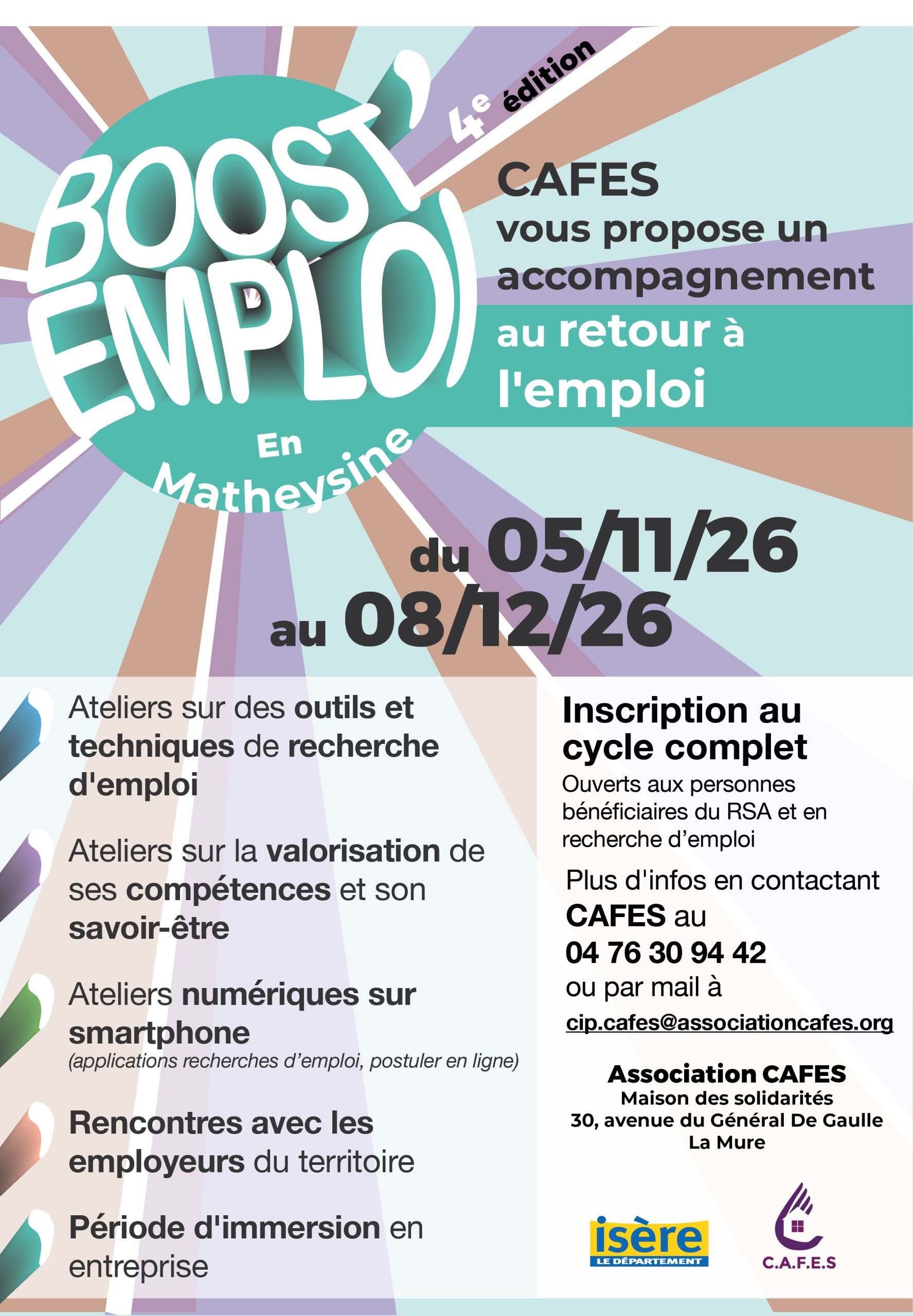 Du 5 novembre au 8 décembre 2026, CAFES propose un programme d'accompagnement vers l'emploi à La Mure. Affiche Boost Emploi en Matheysine 2026, accompagnement au retour à l'emploi par CAFES